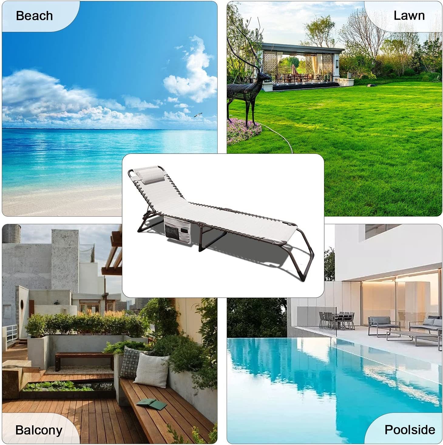 Foldable Patio Chaise Lounge Chair for Outdoor with Detachable Pocket and Pillow, Portable Adjustable Sun Lounger Recliner for Beach, Camping and Pool Doba
